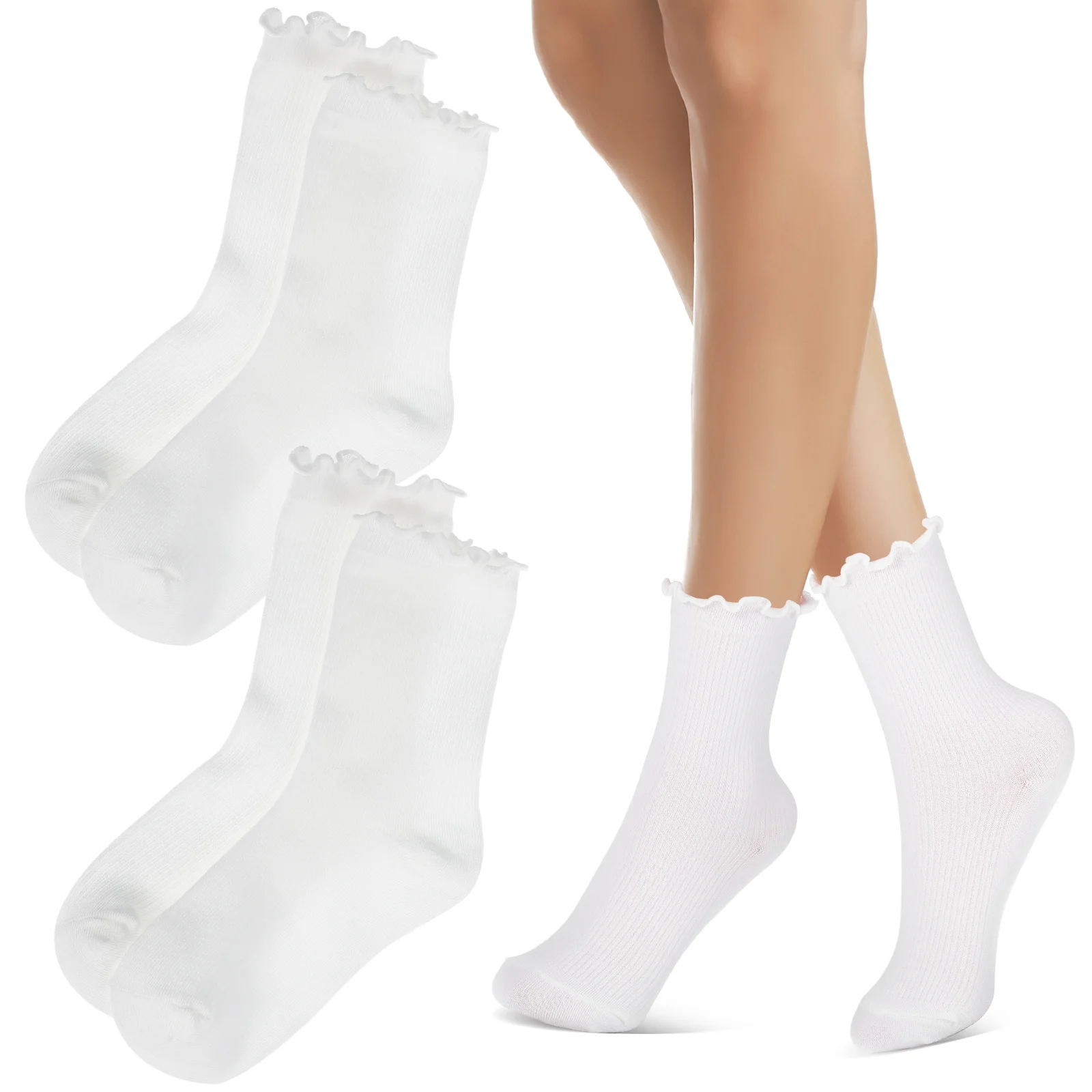 

3 Pairs Fungus Socks For Women Ruffle Cute Girl Tube Mid Calf With Ruffles White Crew Ruffled