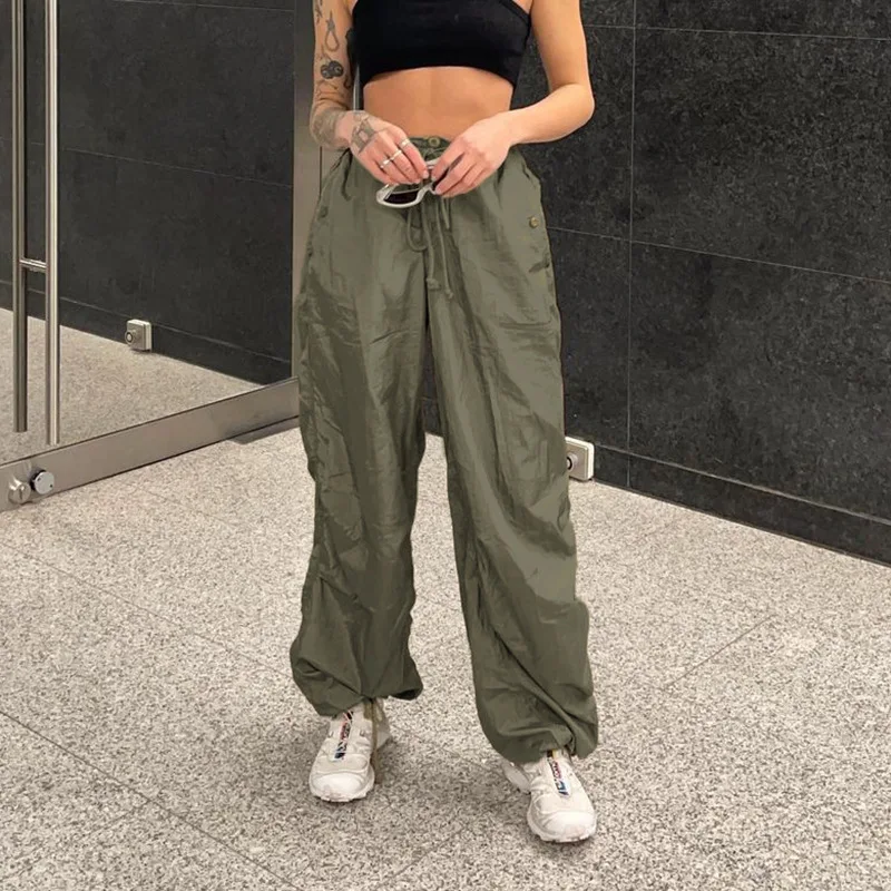 

Fashion Womens Long Pants Solid Color Elastic Waist Tie-Up Side Pockets Loose Fit Trousers Casual Simple Bottoms Streetwear