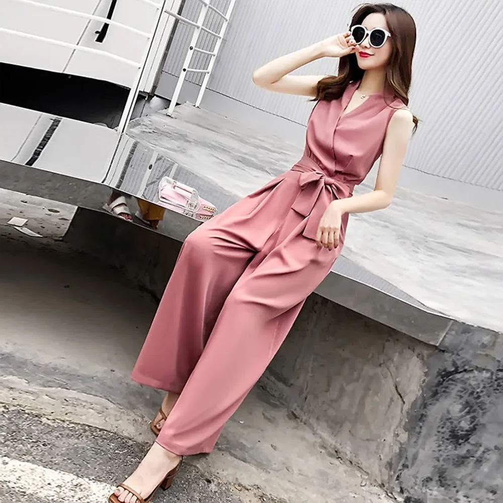 Office Lady Jumpsuits 2025 Solid Women Sleeveless V-Neck Wide Leg Long Pants Rompers Ladies Bowknot Lace-up Size Trousers