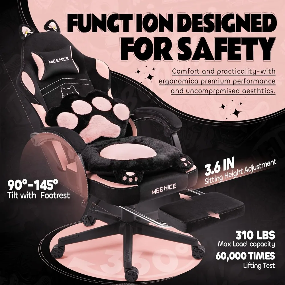 Pink gaming chair, cute cat ear claw waist pad, ergonomic computer chair with footrest, reclining computer gaming chair