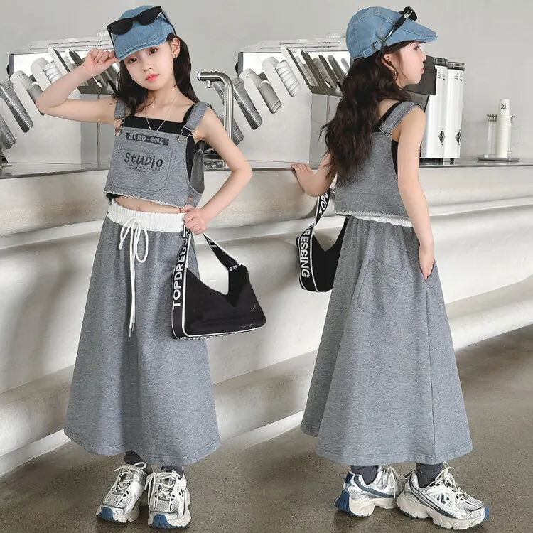 Summer Junior Girl 3PCS Clothes Set School Girl Bottoming Shirt+Letter Suspender Vest+Casual Skirt Sets Girl From 4-12 Years Old