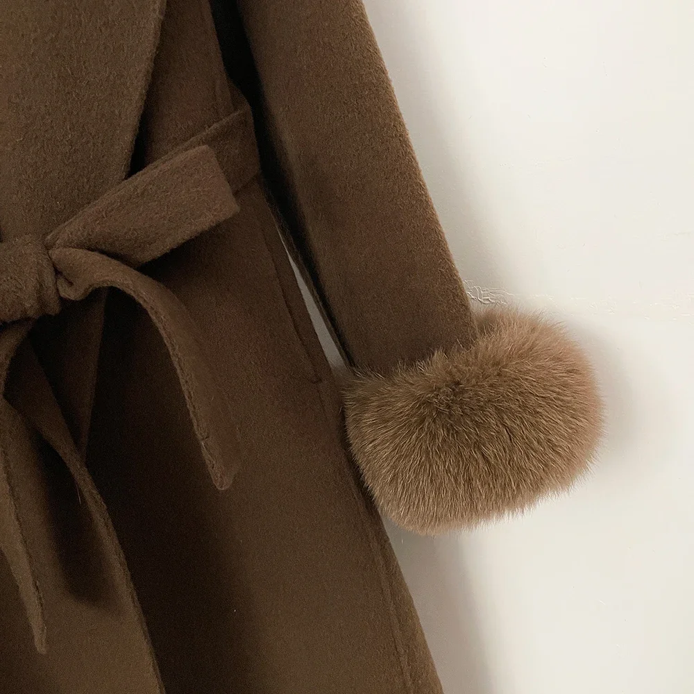 OFTBUY New Winter Warm Hood Solid Woolen Overcoat for Women Long Wool Blend Coat Women Real Fox Fur Belted Waist Jacket Female
