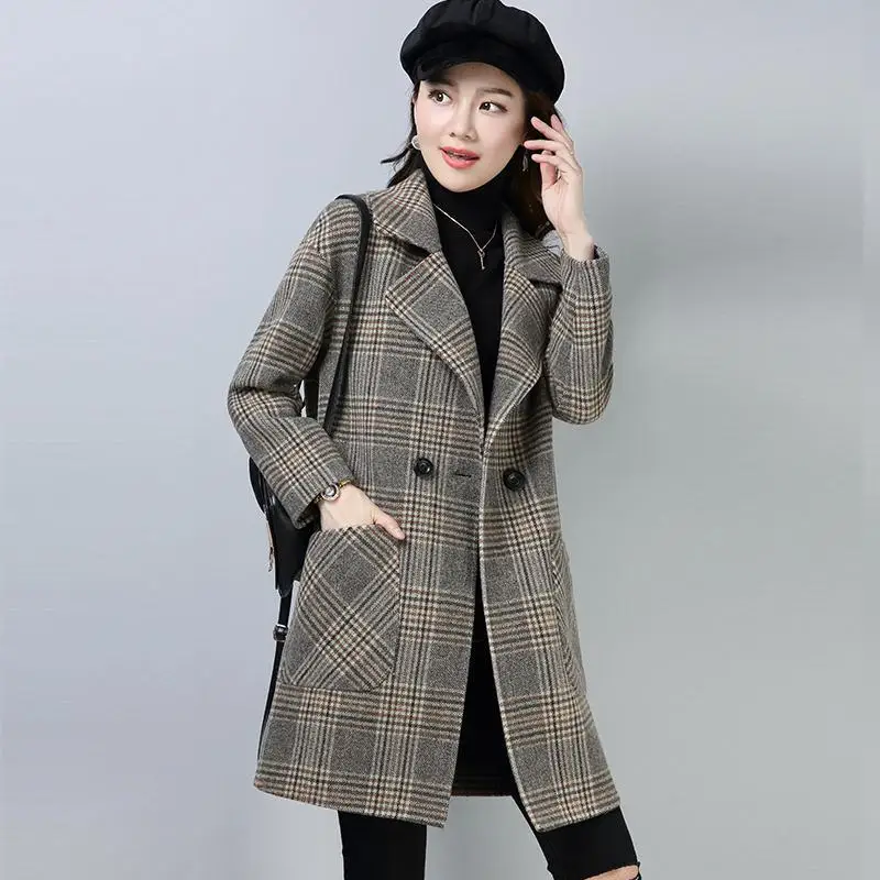 Women's Wool & Blends Coat Plaid Double Breasted Long Ladies Jackets Cheap Outerwears on Sale Casual Winter Clothes 2024 Elegant