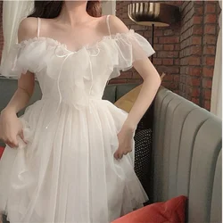 mesh ruffles slash neck off shoulder lace up Women summer korean white party dress Women spaghetti strap dresses 300g