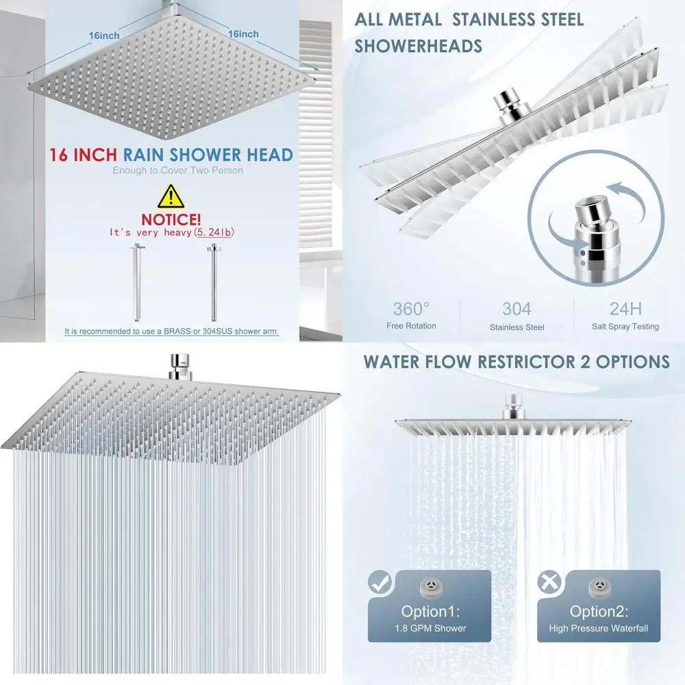 

16 Ceiling-Mounted Brushed Nickel Full Body Rain Shower Head - 304 Stainless Steel with 324 Silicone Nozzles