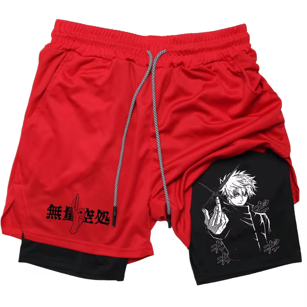 Summer Breathable 2-in-1 Men\'s Stretch Compression Fitness Double Layer Shorts Anime Quick-Drying Running Sports Shorts M-3XL