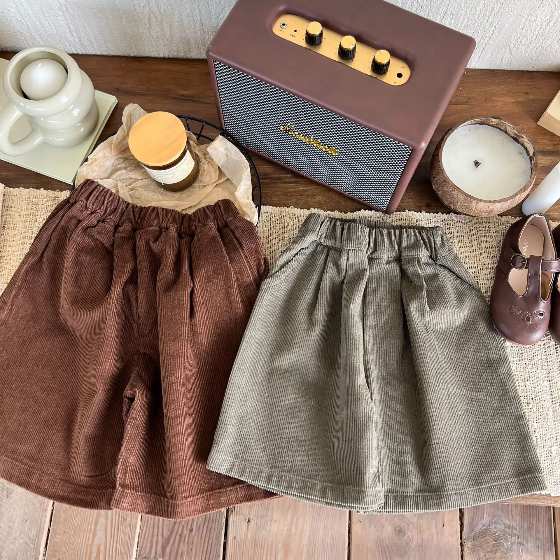 2024 Autumn New Children Corduroy Shorts Boys Girls Loose Wide Leg Pants Baby Casual Pants Solid Infant Shorts Kids Clothes