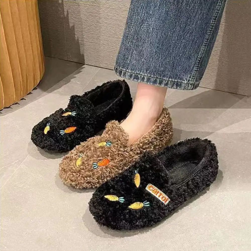 Casual Embroidery Carrot Plush Slipper Anti-skid Cartoon Fluffy Flats Shoes Thicken Soft Plush Shoes Women Girls