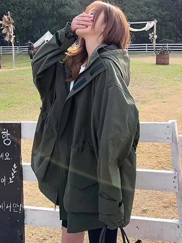 

Hong Kong Sle Retro Workwear Hooded Jaet Women's Spring Autumn Loose Casual ort Student Outerwear Polyester Fiber