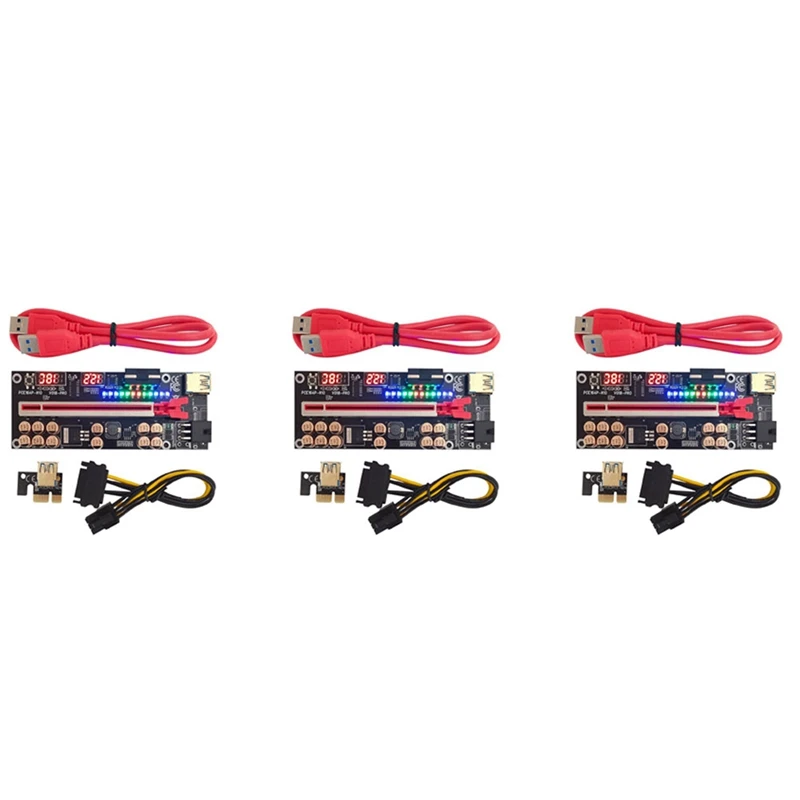 3X VER018 PRO PCI-E Riser Card USB 3.0 Cable 018 PLUS PCI Express 1X To 16X Extender Pcie Adapter For BTC Mining(Red)