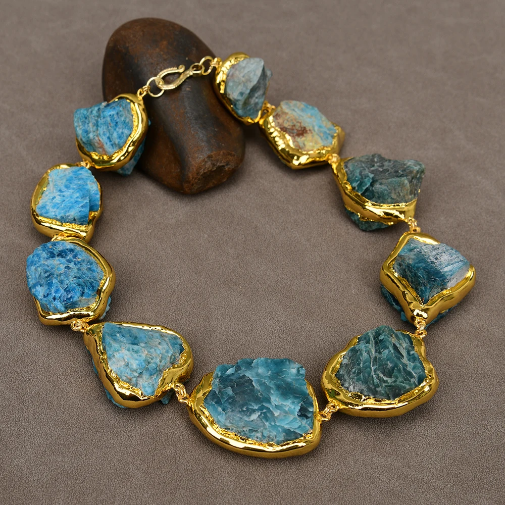 

GG 18" Huge Natural Blue Apatite Stone Rough Nugget Gold Plated Edge Gems Chokers Necklace Simple Jewelry For Lady