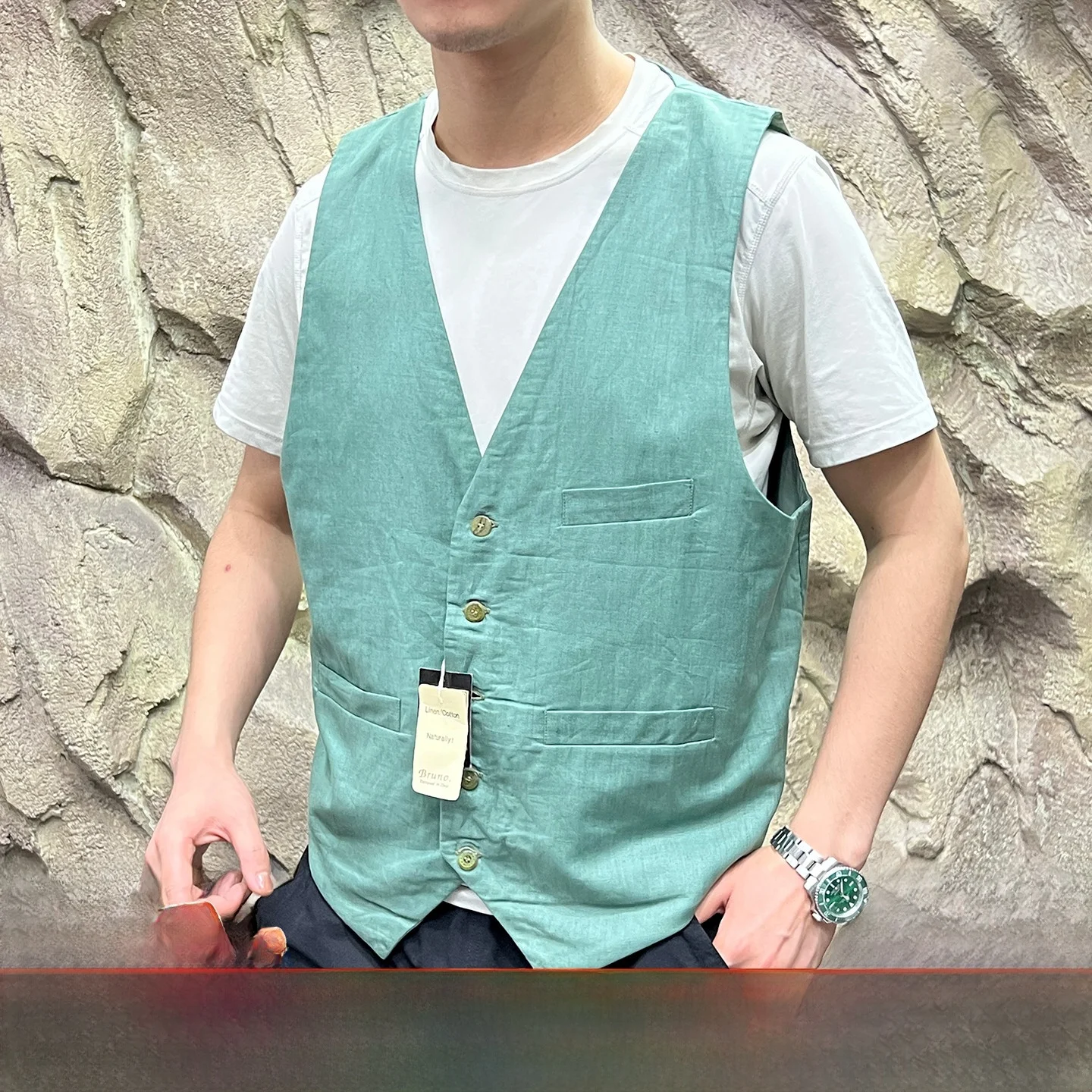 

Slimming Pure Color Linen Cotton Button V-Ne Suit Jaet Layering Vest Men's Stand Fit Casual Summer Faion