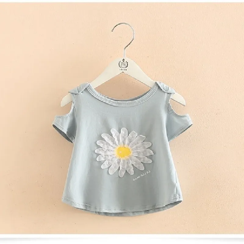 2023 Summer New Design 2 3 4 5 6 8 10 Years Cotton Short Sleeve O-Neck Strapless Off-Shoulder Floral Cute Kids Baby Girl T-Shirt