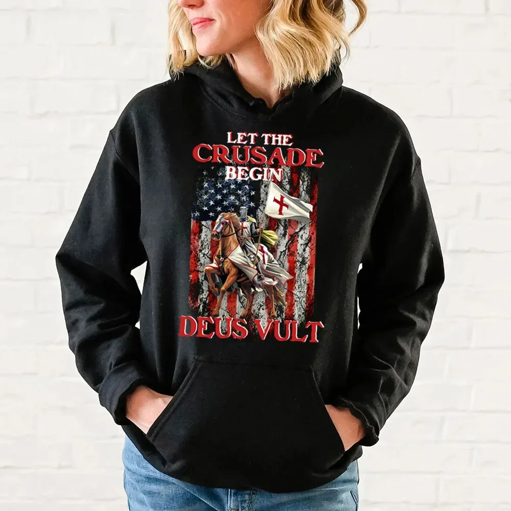 Let The Crusade Begin Deus Vult Hoodie Men's and Women's Long Sleeve Hooded Sweatshirt Pullover Tops Sportswear Women Clothing