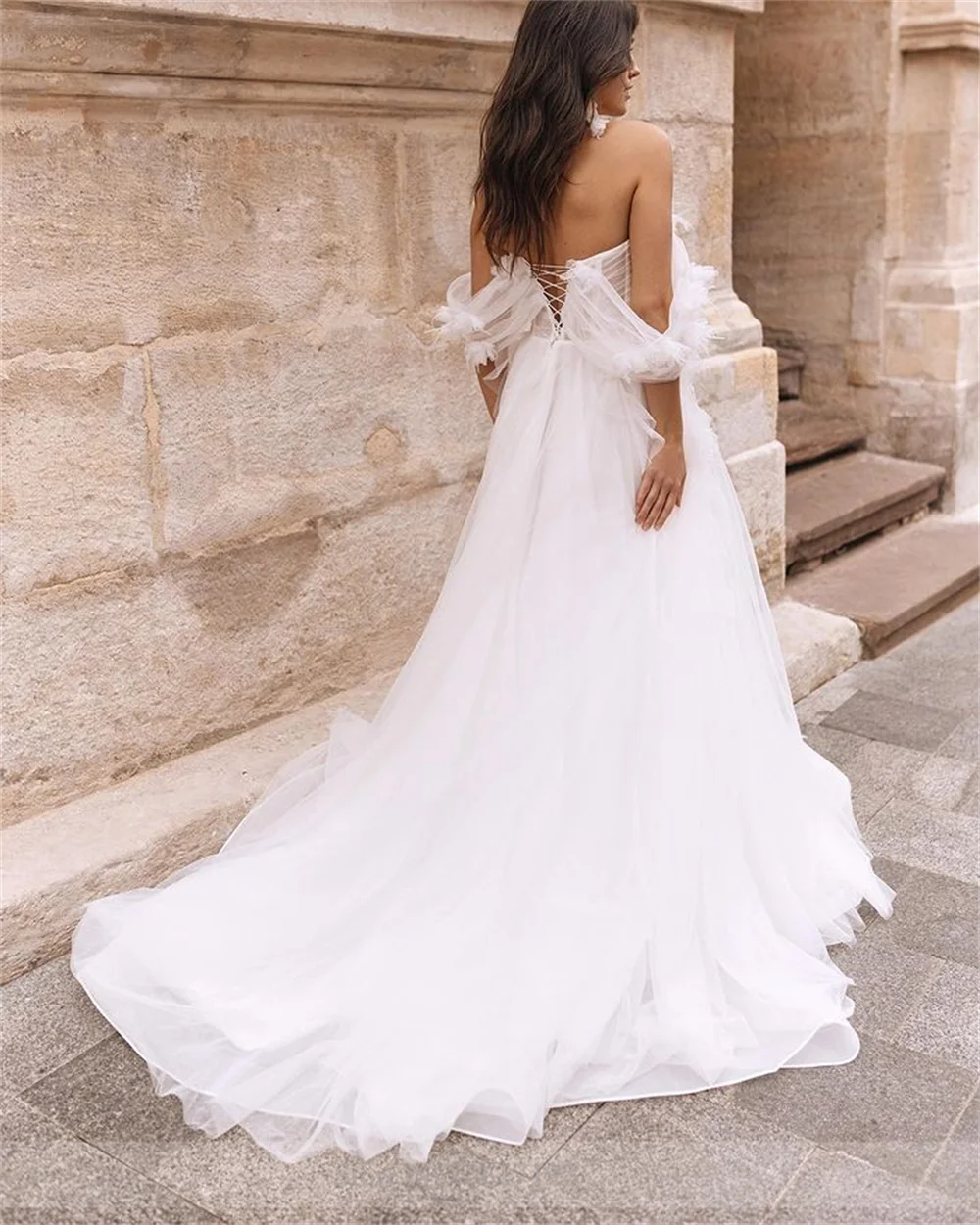 Robe de Mariée en Tulle à Fleurs, Col en Forme de Cœur, A-ligne, Tension Créatoire, pour les Patients