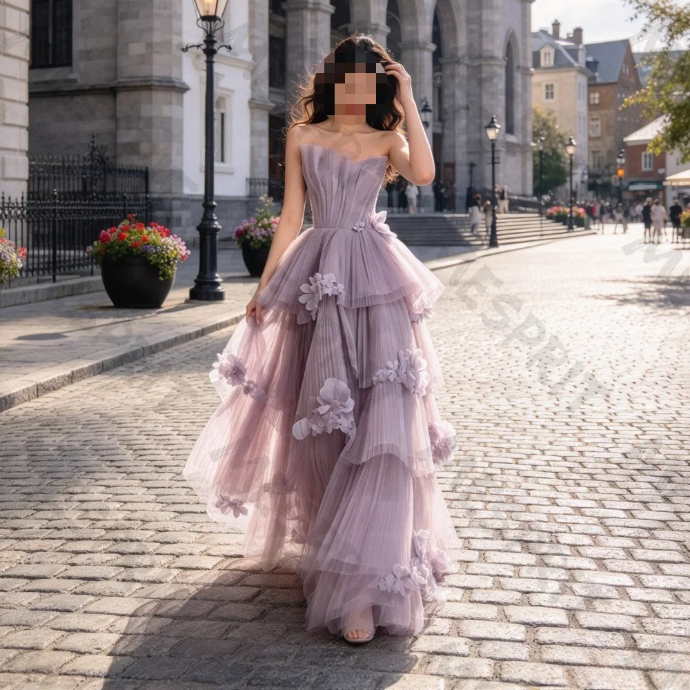 Customized Strapless Chiffon Floral Evening Gown 2026 Sleeveless Purple Layered Floor Length Ball Dress Suitable for Banquets