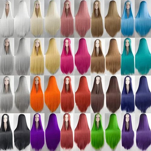 Imagen 2 del producto Peluca sintética de Cosplay de Lolita, pelo rubio, azul, rojo, rosa, verde y morado para fiesta de Cosplay, pelucas largas y rectas de 100CM para mujer