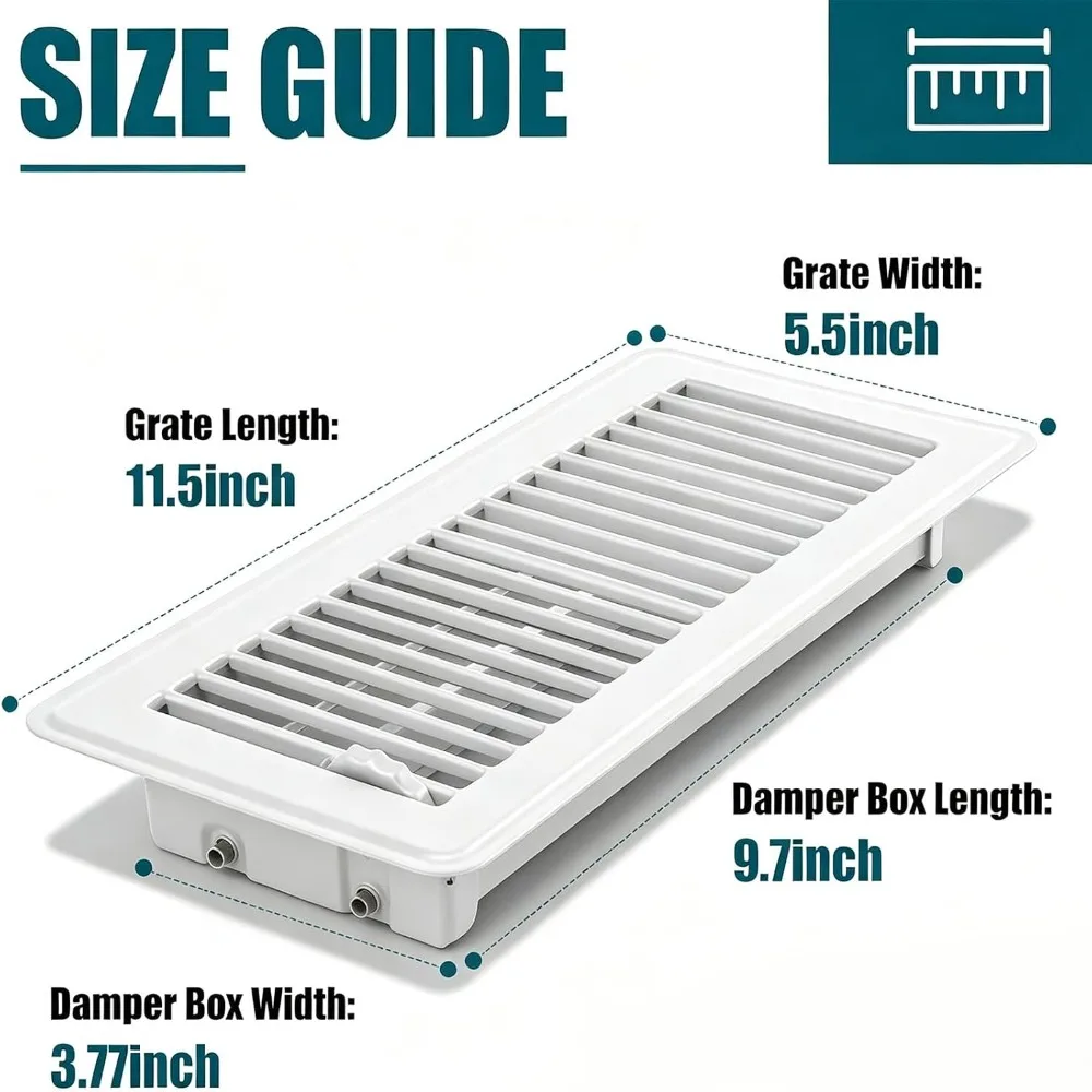Modern 4" x 10" Floor Register Heavy Duty Steel White Air Supply Lever Easy Install Floor Vent Covers Floor - view 6