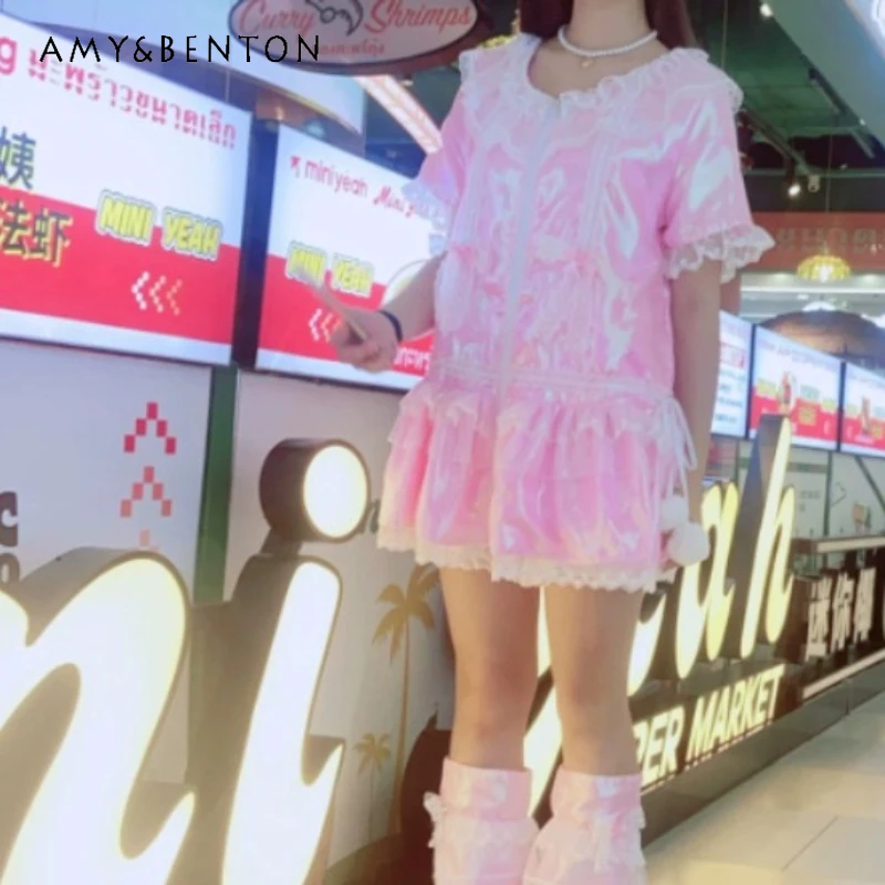 

Original Japanese Pink Sparkling Girl Age-reducing Women's Dress 2026 New Lace Splicing Sweet Lolita Princess Dresses Ladies