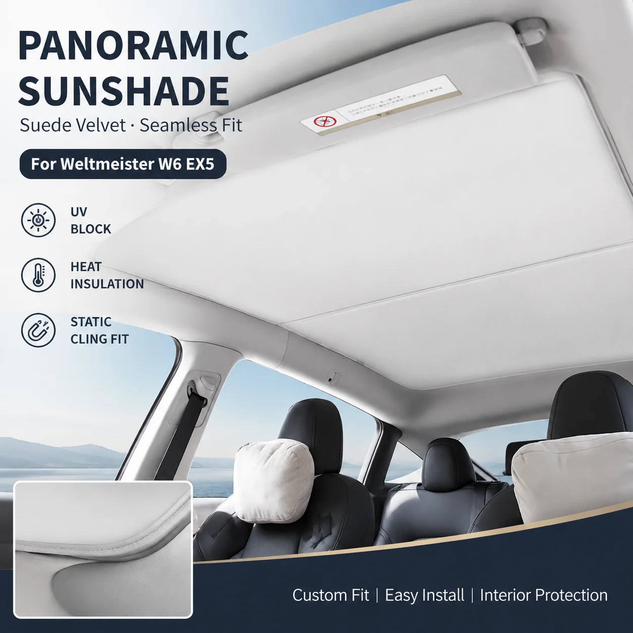 Suede Velvet Static Cling Panoramic Sunshade UV Block Heat Insulation For Weltmeister W6 EX5 Car Interior Accessory