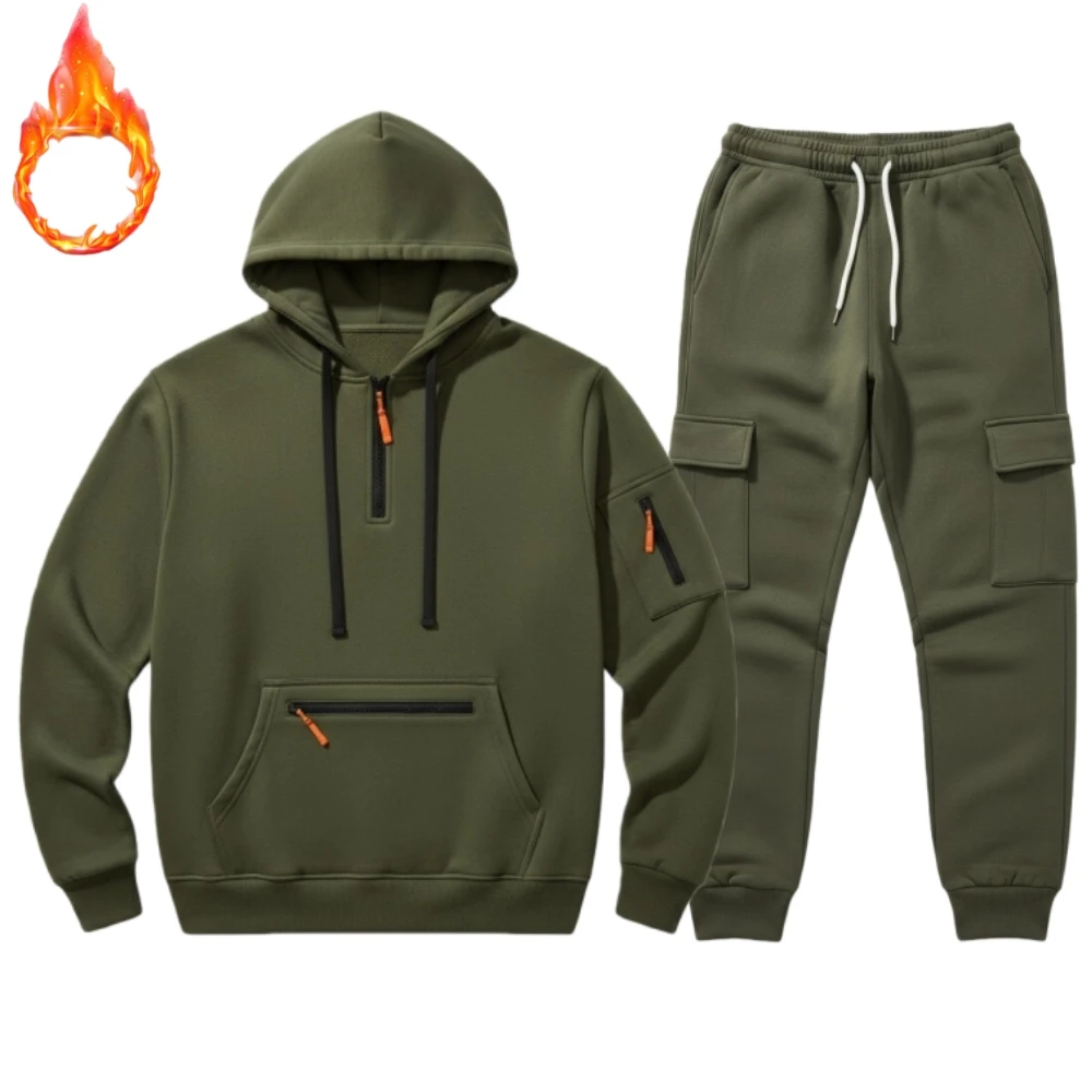 رجل الخريف الشتاء الرياضة تجريب مجموعة مقنعين سترة عادية سترة في الهواء الطلق سميكة الدافئة هوديس السراويل قطعتين مجموعة رياضية