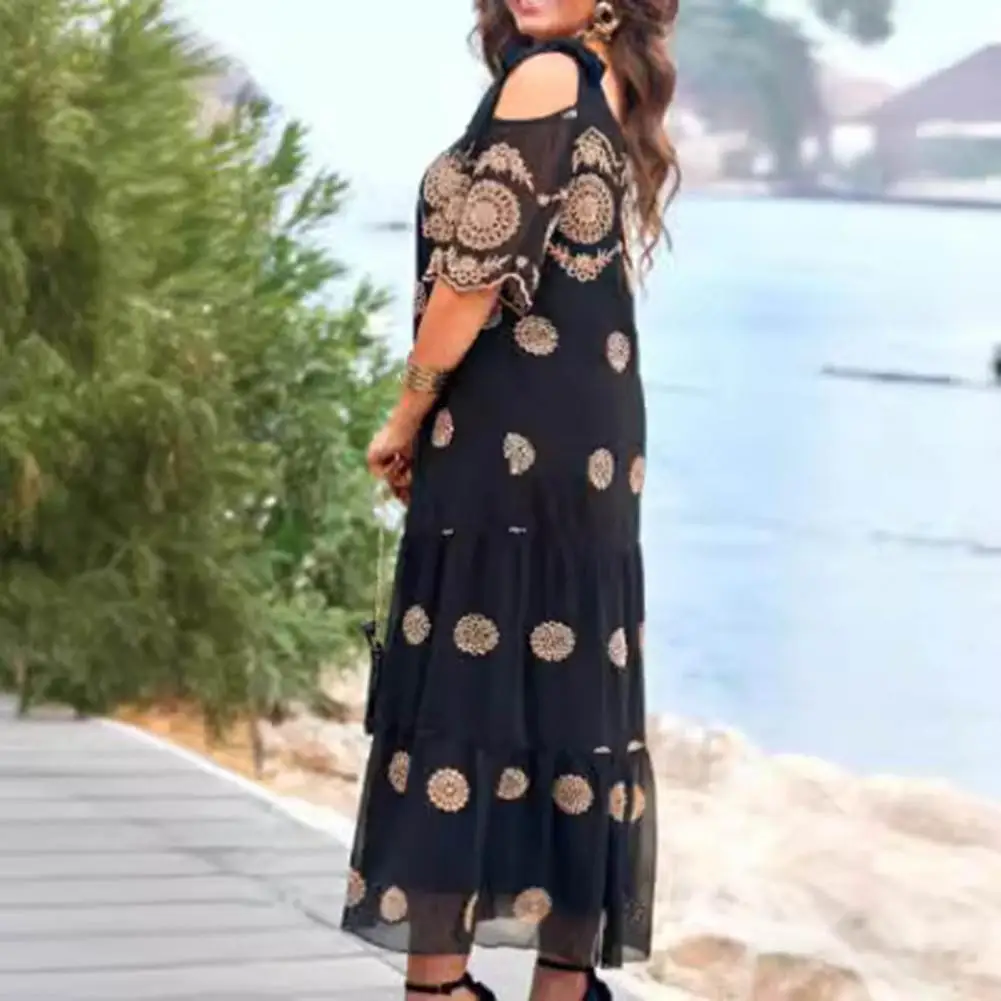 Robe Maxi en Tissu artificiel astique pour Femme, Élégante, avec Ourlet Plissé en Patchwork, Design Amissié, Col Rond, Double Couche, Été