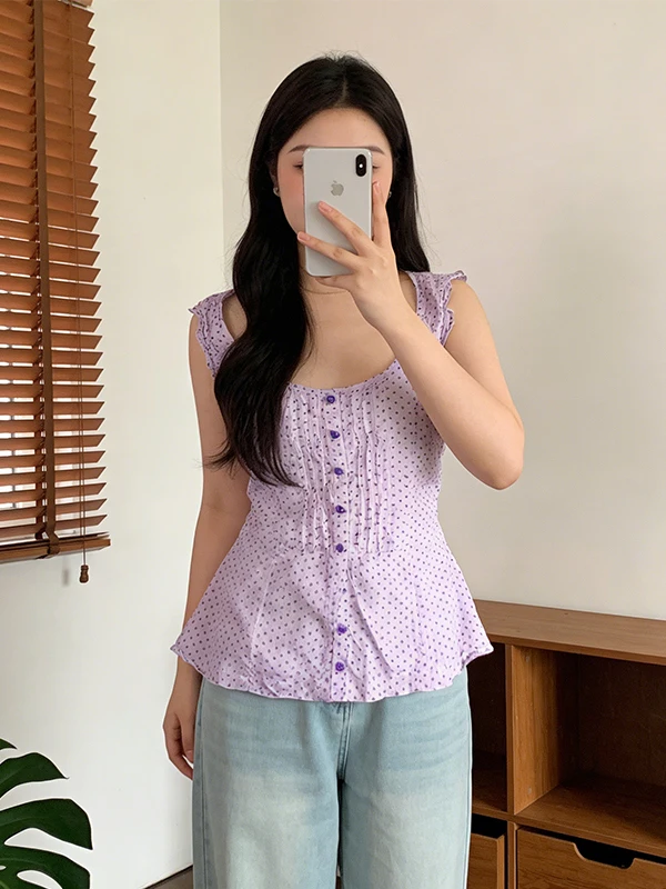 

Summer Design Sensation Large Size Purple Polka Dot Sleeveless Shirt Women's Fashion Trend 2026 Commute Style Korean Version
