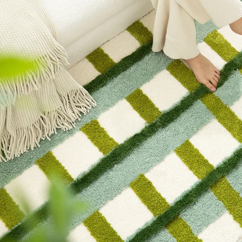Tufting Carpet 40*120 cm Plush Anti Slip Sofa Area Rugs Bedroom Bedside Floor Mat Household Flocking Cushion Color Blocking Grid