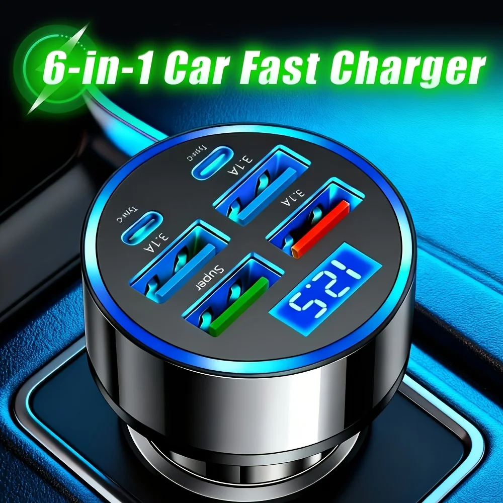 6 in 1 Car Charger Charging Phone Charger 4-Port USB + 2-Port Type-C Car Charger Universal for All Models Dedicated Car Charger