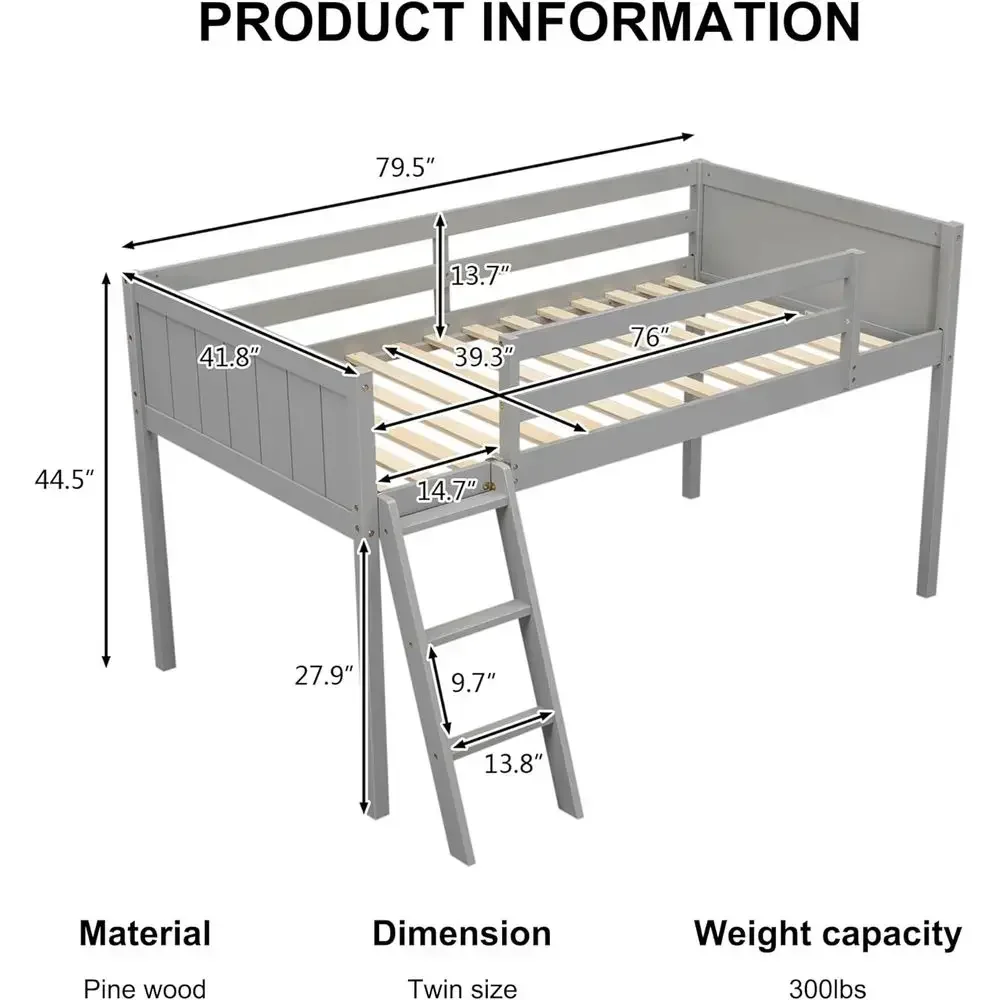 Twin Size Grey Wooden Bed with Ladder and Guardrail for Kids or Teens, Space-Saving, No Box Spring Needed