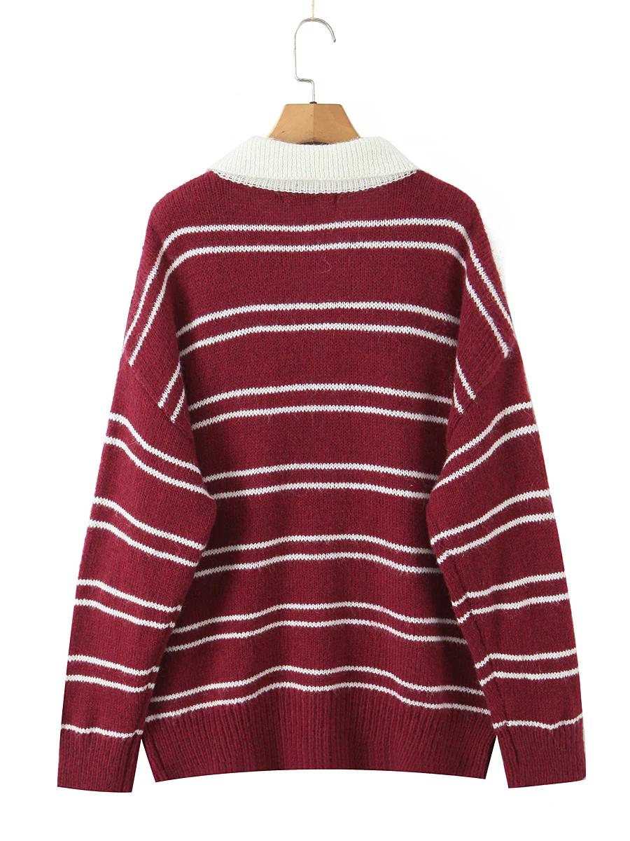 Retro American College Sle Color Blo Striped Knitwear  Collar Loose Fit Overhead Slimming Sweater Trendy Women's Faion