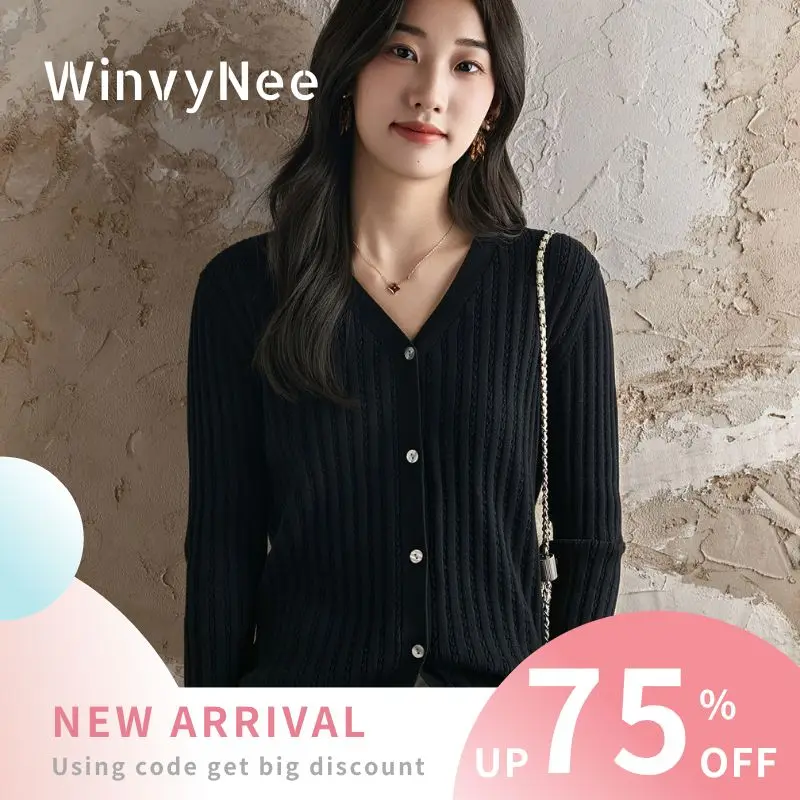 

Женский кардиган WinvyNee из 100% хлопка с глубоким V-образным вырезом, в полоску, с узором «попкорн», однотонный, дышащий, теплый, с длинными рукавами, на каждый день, B1092025