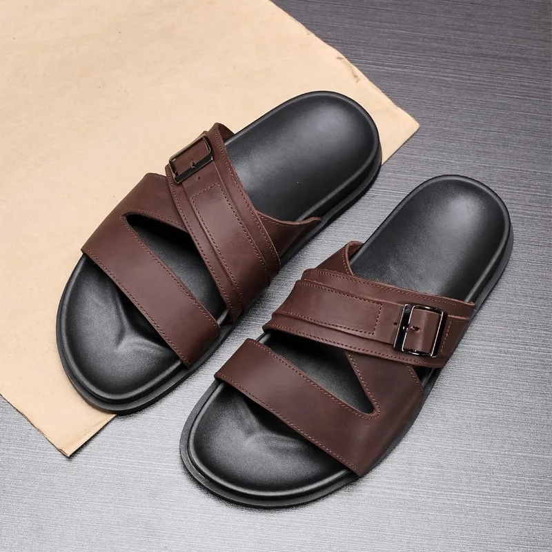 

Cowhide Sandals Male Genuine Leather Slippers Men All-match Mens Summer Shoes Flip Flops Beach Sneakers Leisure Sandals Outdoor