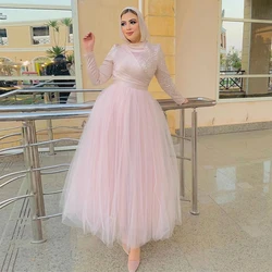 Customized Pink Muslim Evening Dresses Long Sleeves Dubai High Neck Tulle Sequins Prom Party Gowns Formal Bride Dress Wedding