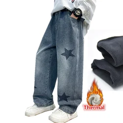 Korean Kids Boy Casual Thermal Jeans Clothes With Star Print Children Winter Warm Denim Pants Elastic Waist Thick Jeans Trousers