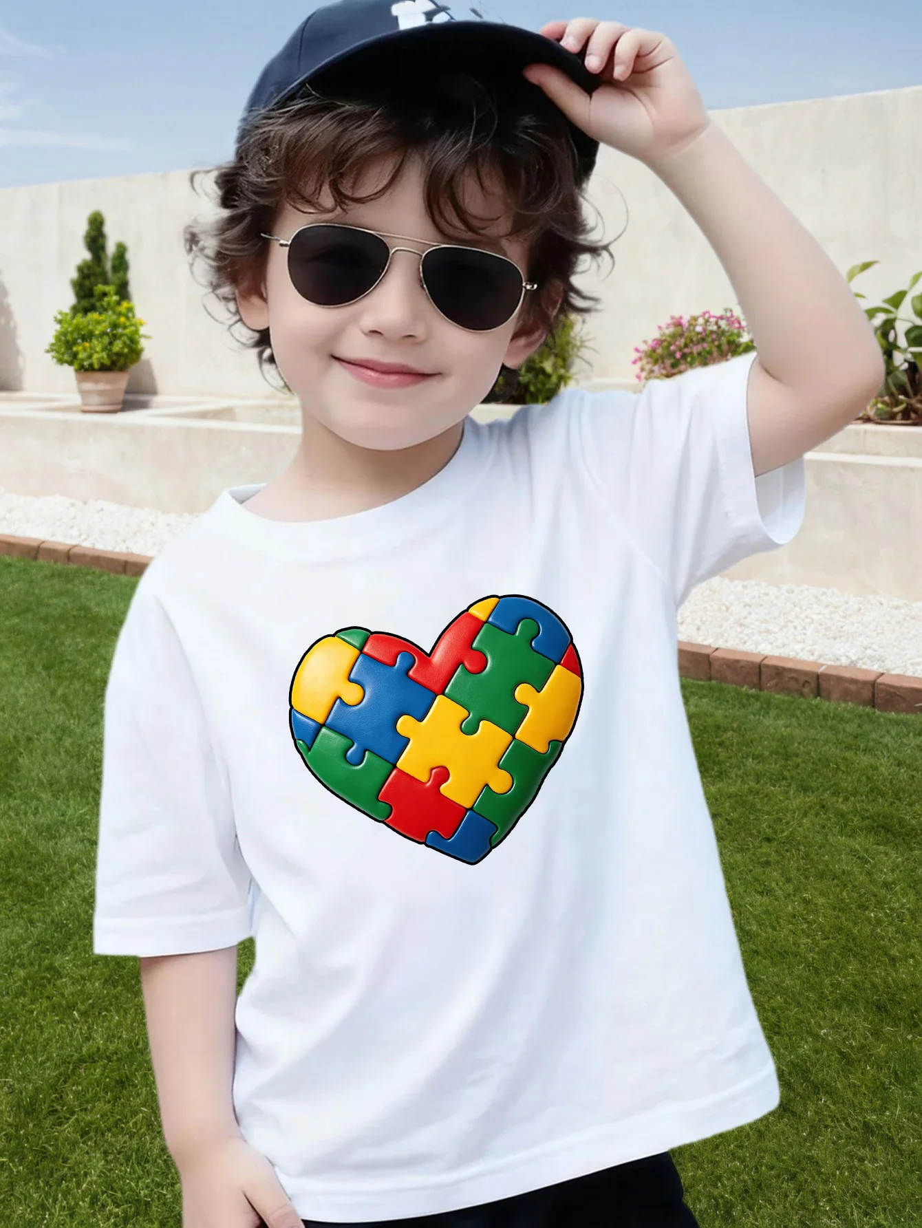 Bright Puzzle Heart Autism Print Boys Girls Parent Child Matching Cotton Short Sleeve Casual Summer Soft Comfort Kids Daily Tees
