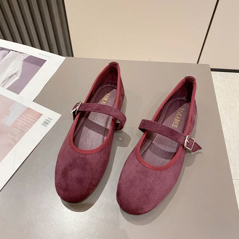 2024 New Autumn Black Purple Red Velvet Flats Women Shoes korea Flats Fashion Mary Jane Shoes Round Toe Women\'s Shoes