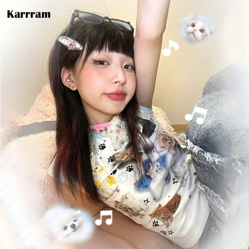 Karrram Japanese Y2k Crop Top 2000s Aesthetics Cat Print Short Sleeve T-shirt Vintage Harajuku Kawaii Clothes Cutecore Lolita