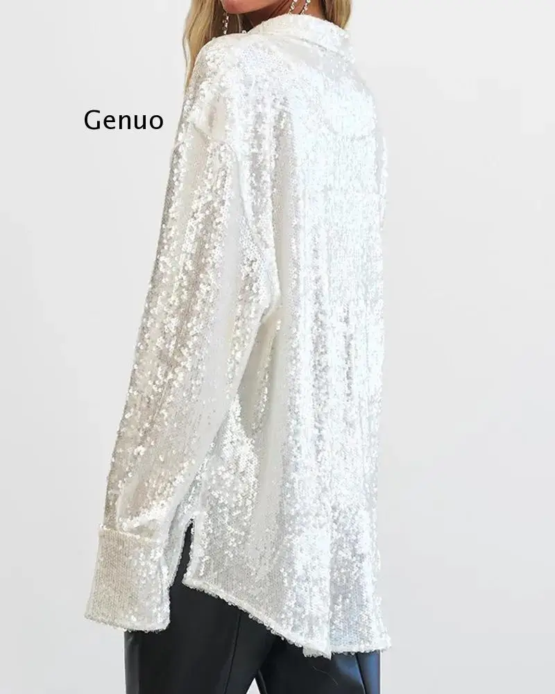 Sequin Shirt Women's Silver Loose Long Sleeve Party Top Spring Club Y2K Vintage Tops Sexy Shirts Women Clothes Female