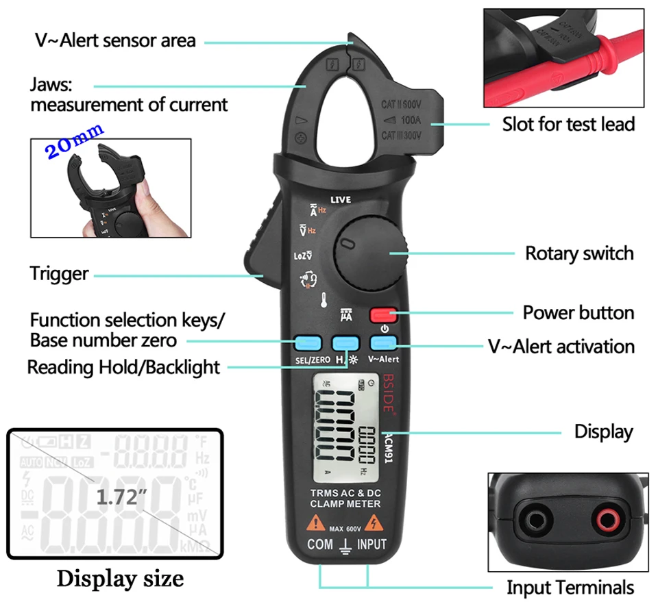Digitales Zangenmessgerät 1mA Präzisions-Amperemeter DC AC 100A Professionelles Multimeter Auto-Voltmeter Tester – Detail 19