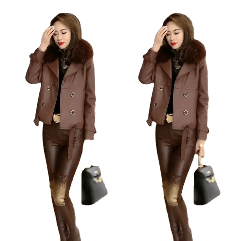 

and Autumn winter models plus velvet thickened women's suit high-end real fur collar leather jacket diamond pants trendy