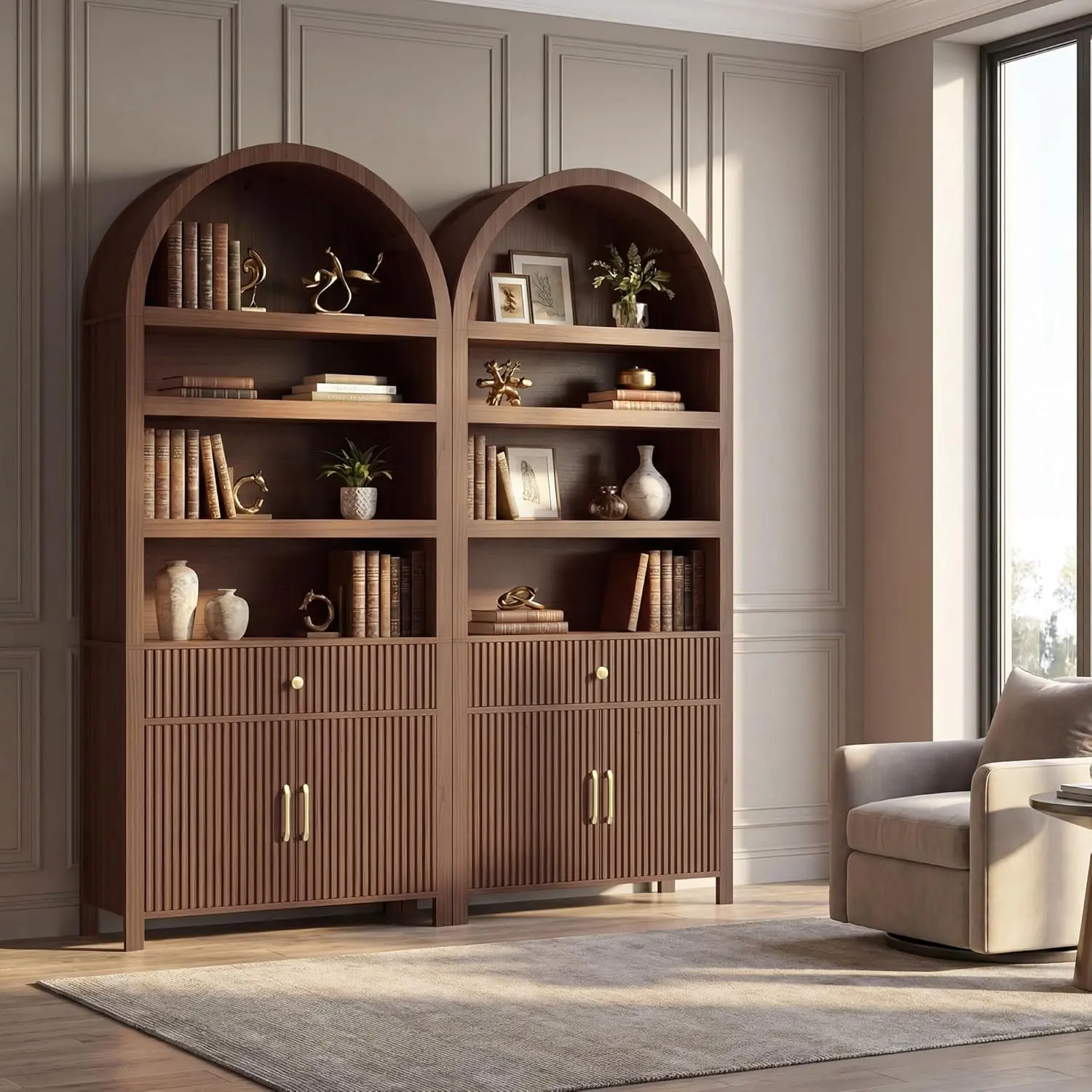 

70" Tall 7-Tier Arch Bookcase Cabinet Drawer Storage Fluted Door Mid Century Office Living Room Bedroom Walnut Customized