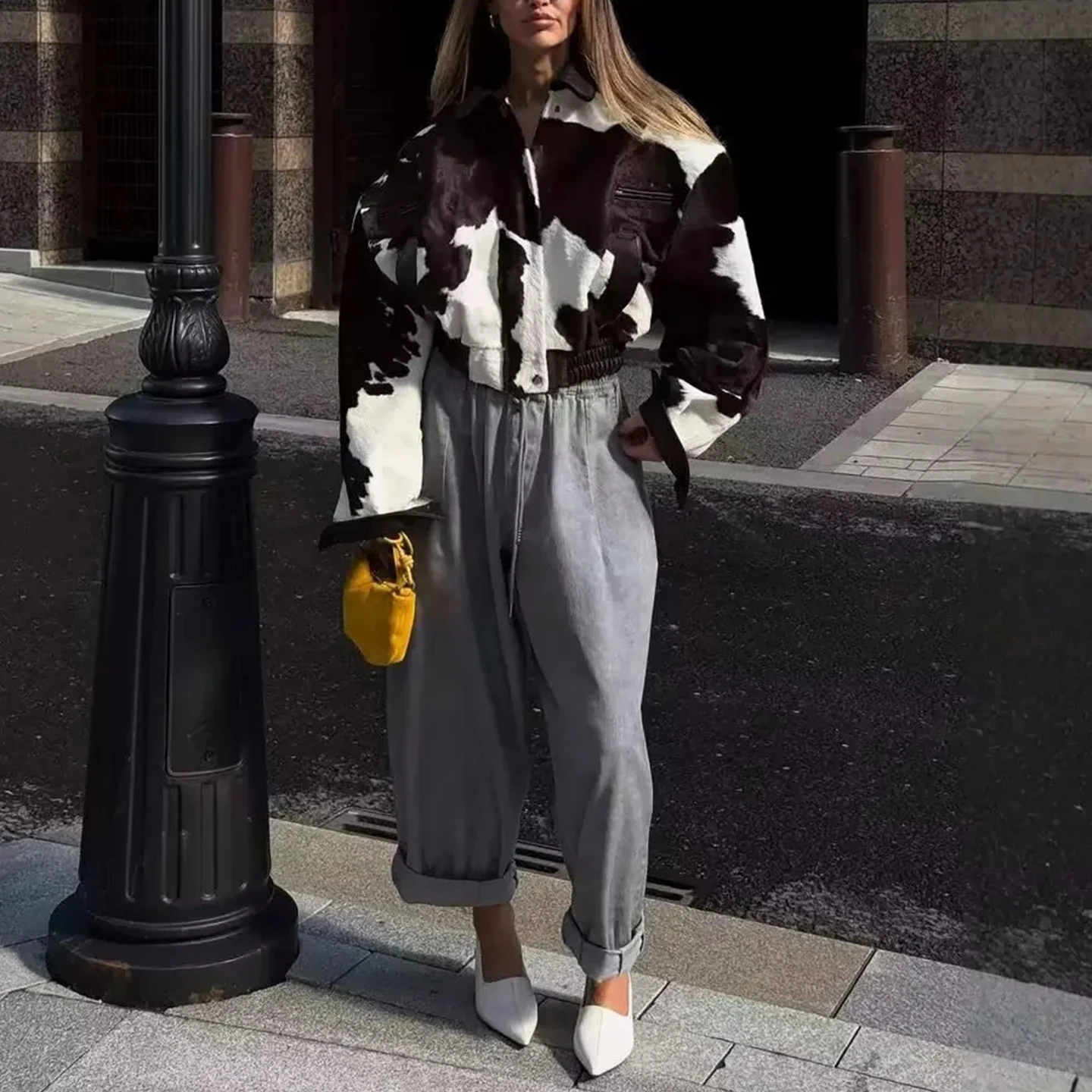 خريف شتاء جديد المرأة الأمريكية الشارع Sle الوجه طوق طويل Sve المرقعة بولي Leather الجلود ort Jaet معطف ألياف البوليستر