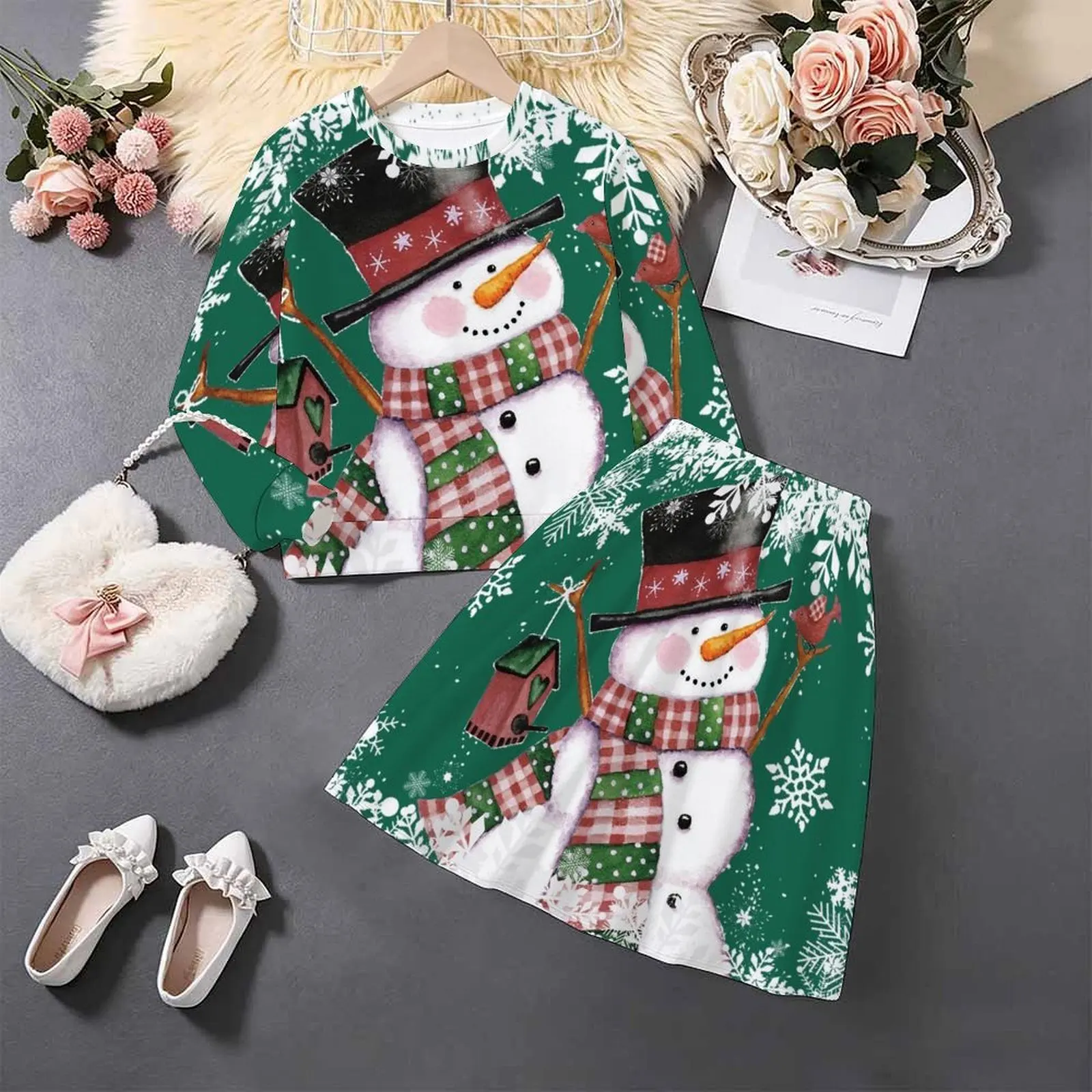 2pcs Autumn Winter Child's Round-Neck Long Sleeve Fashion Print Midi Skirt Daily Wear Christmas Two-Piece Girl Casual Top