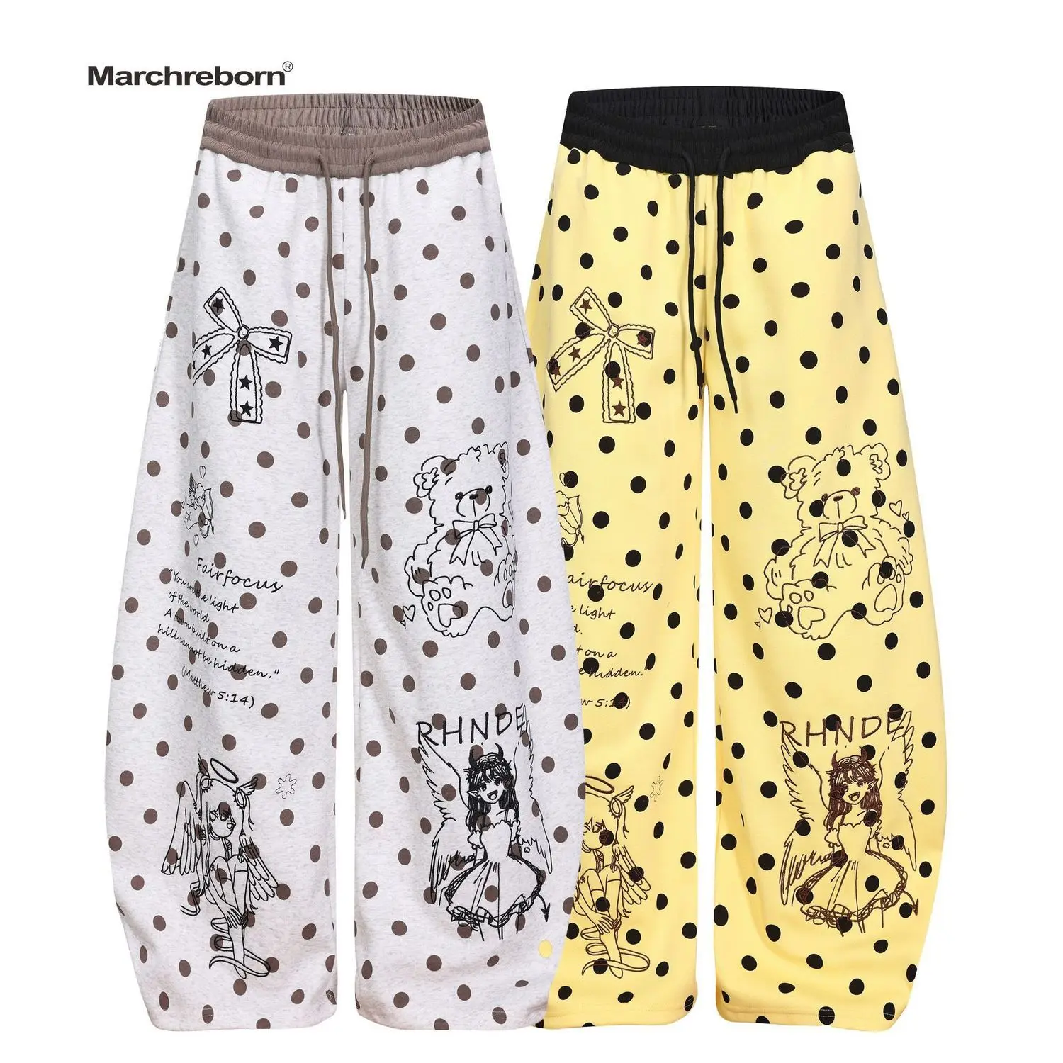 Harajuku Polka Dot Wide Leg Sweatpants | Cartoon Bear & Angel Girl Graphic Print | Elastic Waist Baggy Streetwear Pants Sweet