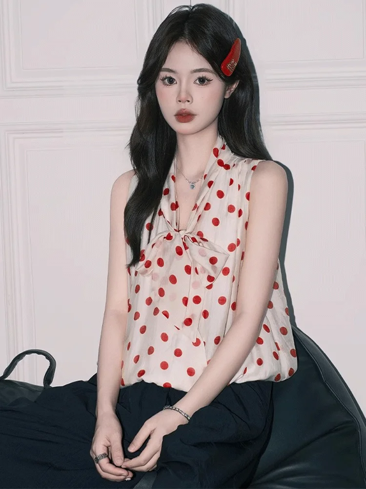   V-Ne Polka Dot ter Ne Tank Top Mujer Verano Vaion Suelto Gasa Svel Top Wrap Sle Ropa interior