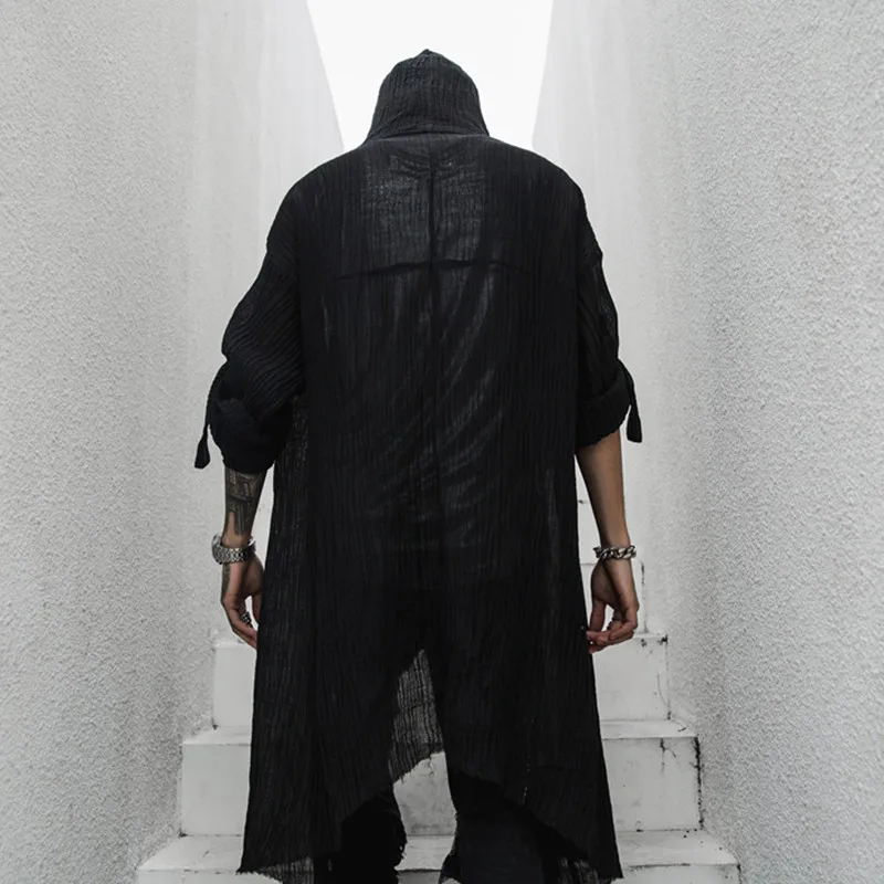 Dark Linen Mid-Length over the Knee Hood Long-Sleeved Shirt Men's Trendy Cape Loose Top