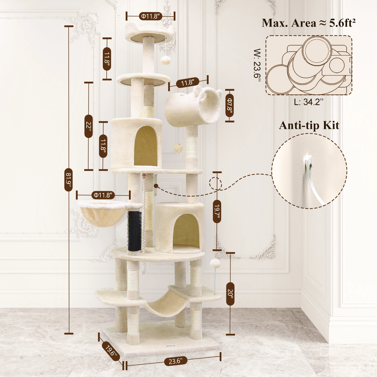 C81 Tall Cat Tower, Curved Series 81-inch Cat Condos for Indoor Cats Multiple Cats Unique Cat Tree Tower with Scratching Post, H