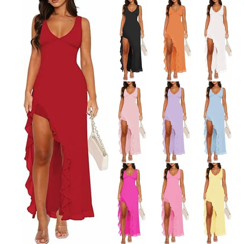 

Sexy Women's Dress V Neck Ruffle Sleeveless High Waist Fashion Vacation Date Party Birthday Side Slit Long Dress for Female