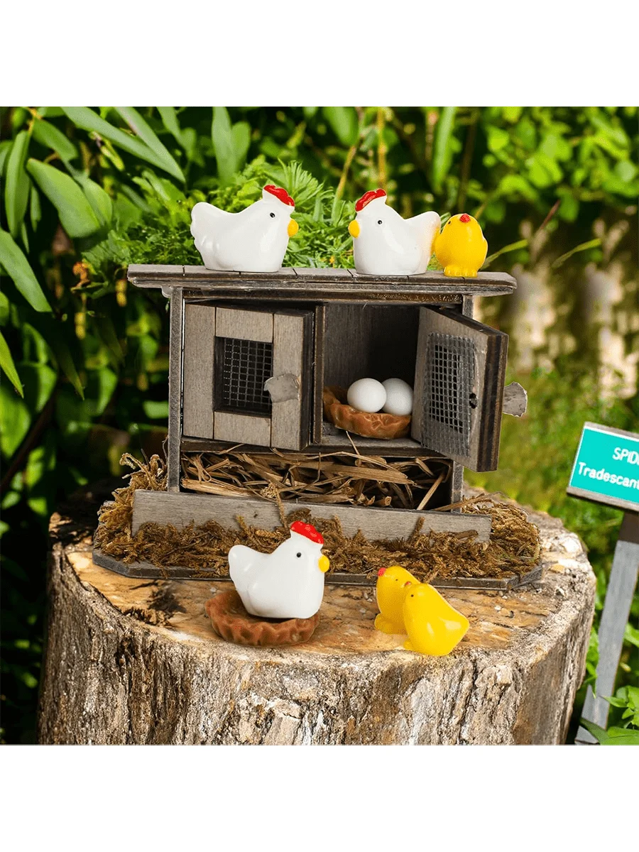 10-Piece Mini Retro Wooden Chicken Coop Set, Mini Family Chicken, Hen, Chicks, Eggs, Chicken Coop Decoration, Suitable for Garde view 4